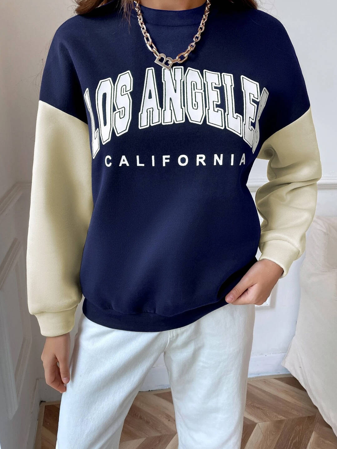 SXV  'LOS ANGELES california’ Printed Cool Aesthetic Drop Shoulder Oversized Color blocked Sweatshirt