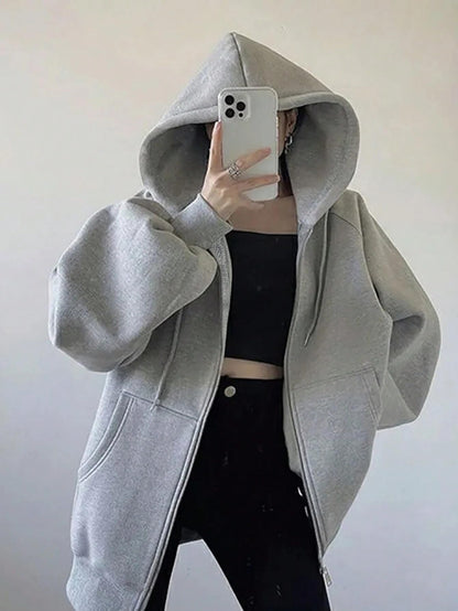 SXV STYLE Casual Zip-Up Hoodie, Oversized Fit, Light Grey, Front Pockets