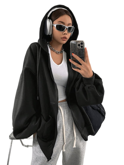 SXV STYLE Casual Zip-Up Hoodie, Oversized Fit, Light Grey, Front Pockets