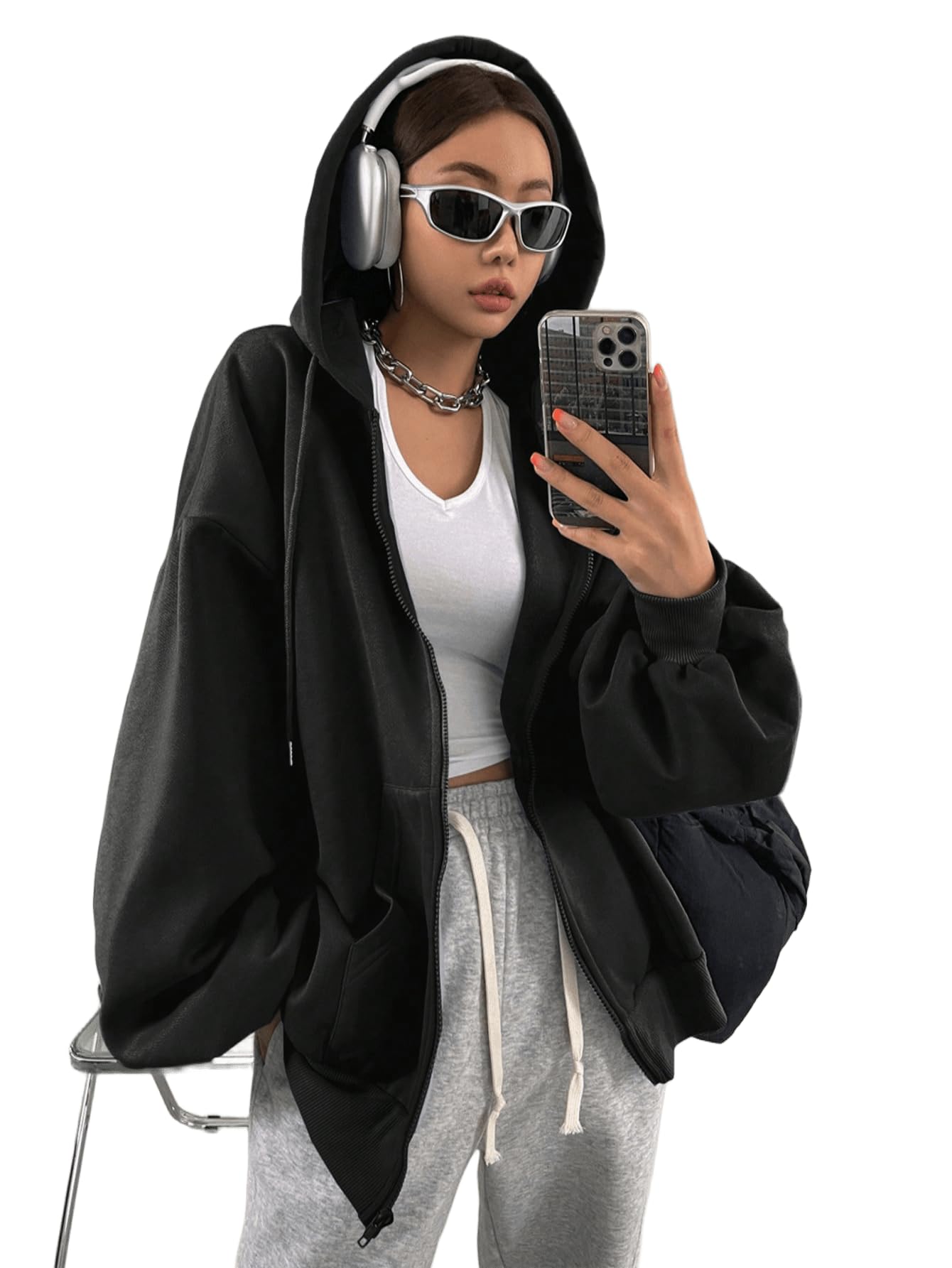 SXV STYLE Casual Zip-Up Hoodie, Oversized Fit, Light Grey, Front Pockets