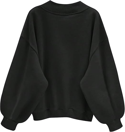 SXV V neck Letter Graphic Drop Shoulder Black Baggy Oversized Sweatshirt