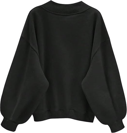 SXV V neck Letter Graphic Drop Shoulder Black Baggy Oversized Sweatshirt
