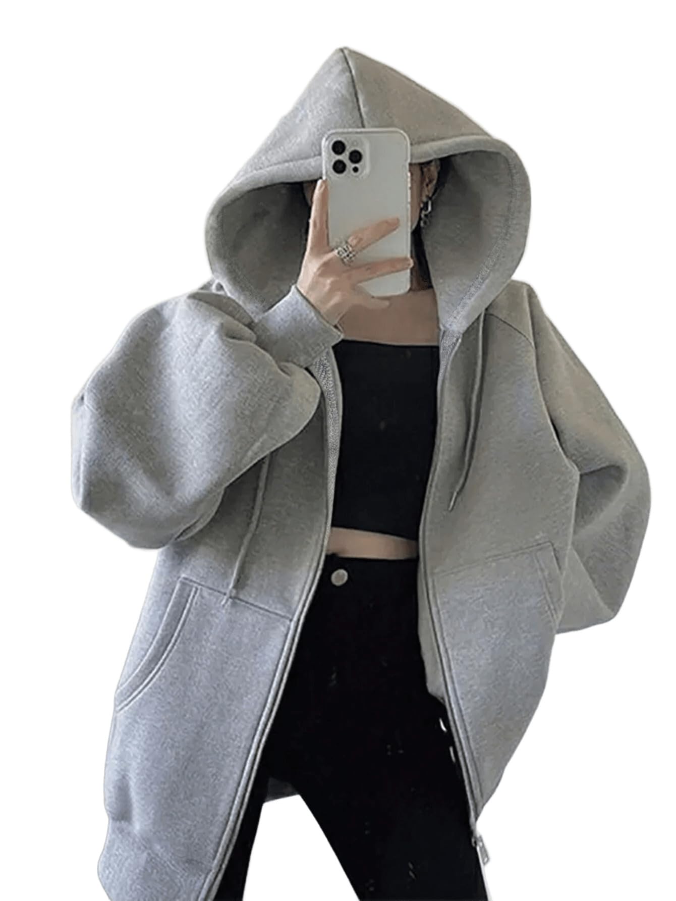 SXV STYLE Casual Zip-Up Hoodie, Oversized Fit, Light Grey, Front Pockets