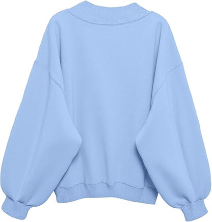 SXV V neck Letter Graphic Drop Shoulder Sky blue Baggy Oversized Sweatshirt