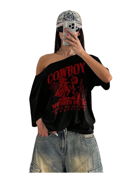 SXV STYLE Women Cowboy Style Loose Fit Slouch Shoulder T-Shirt, Black
