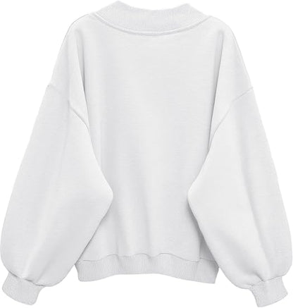 SXV V neck Letter Graphic Drop Shoulder White Baggy Oversized Sweatshirt