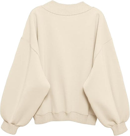 SXV V neck Letter Graphic Drop Shoulder Beige Baggy Oversized Sweatshirt