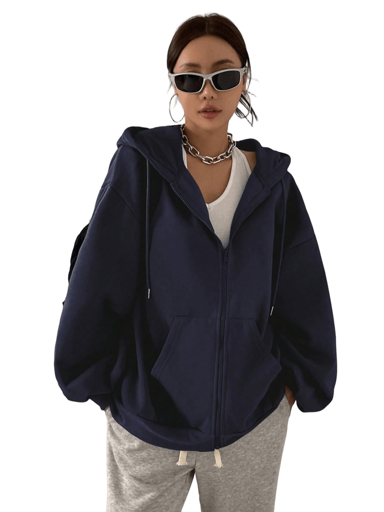 SXV STYLE Casual Zip-Up Hoodie, Oversized Fit, Light Grey, Front Pockets