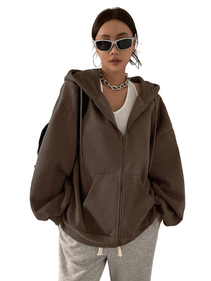 SXV STYLE Casual Zip-Up Hoodie, Oversized Fit, Light Grey, Front Pockets