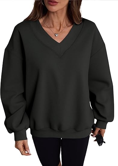 SXV V neck Letter Graphic Drop Shoulder Black Baggy Oversized Sweatshirt