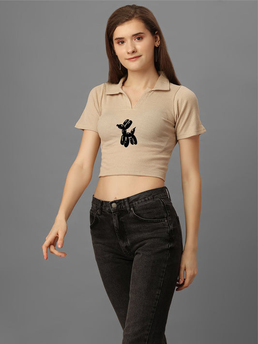 SXV  Printed Beige Ribbed Polo collar Crop top