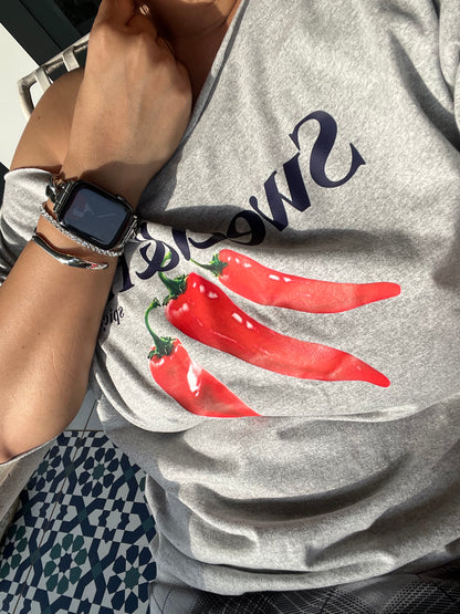 SXV Off-Shoulder Loose Slogan Sweet and Hot Printed Grey T-Shirt, Oversized Y2K Style, Grey Graphic Tees Women