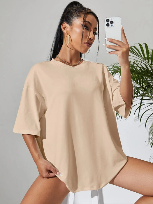 'BEIGE SOLID DROP SHOULDER OVERSIZED