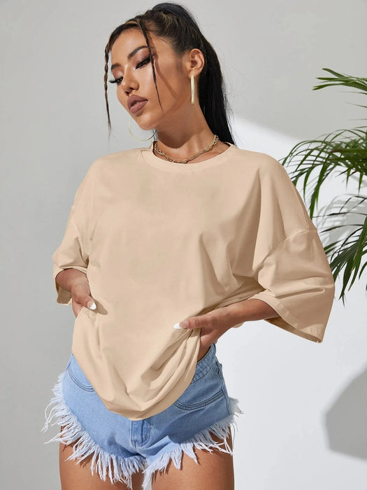 'BEIGE SOLID DROP SHOULDER OVERSIZED