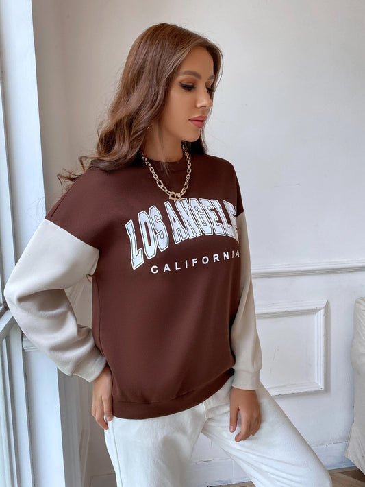 SXV  'LOS ANGELES california’ Printed Cool Aesthetic Drop Shoulder Oversized Color blocked Sweatshirt