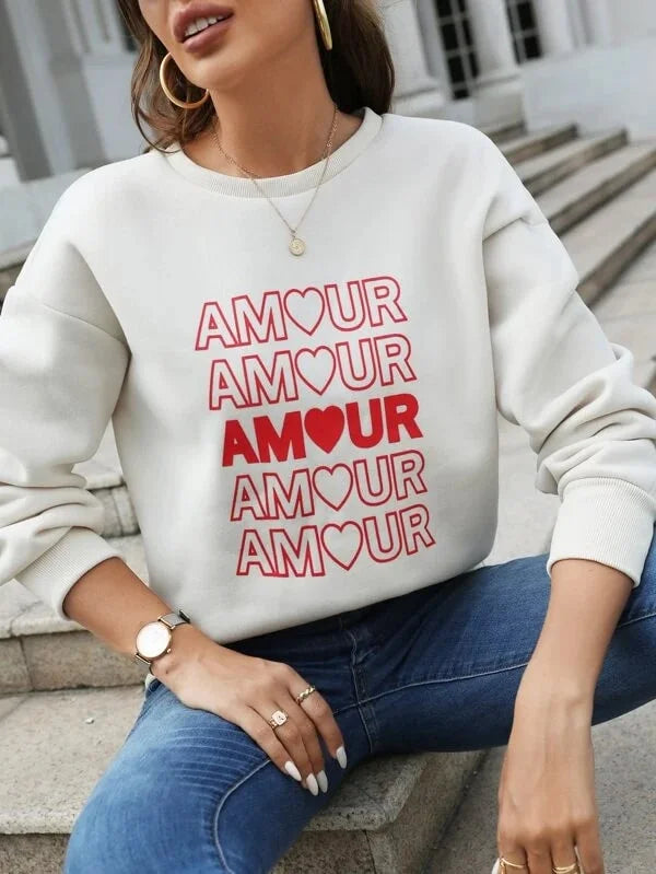 SXV  'Amour’ Printed Cool Aesthetic Drop Shoulder Oversized Sweatshirt