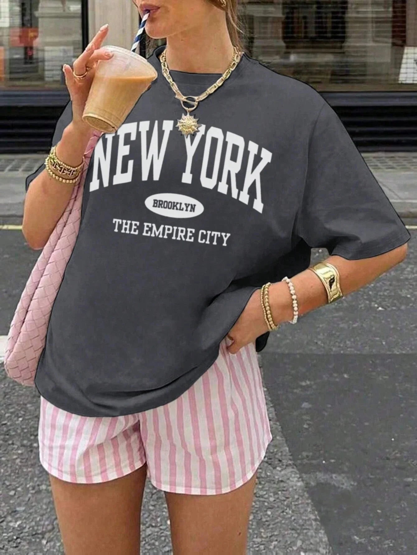 SXV Women's Summer Letter Print Off-Shoulder Loose Casual T-Shirt