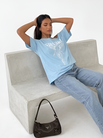 SXV NIRVANA SKY Print Casual Loose Fit One Shoulder T-Shirt For Women