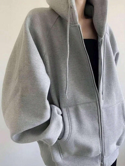 SXV STYLE Casual Zip-Up Hoodie, Oversized Fit, Light Grey, Front Pockets