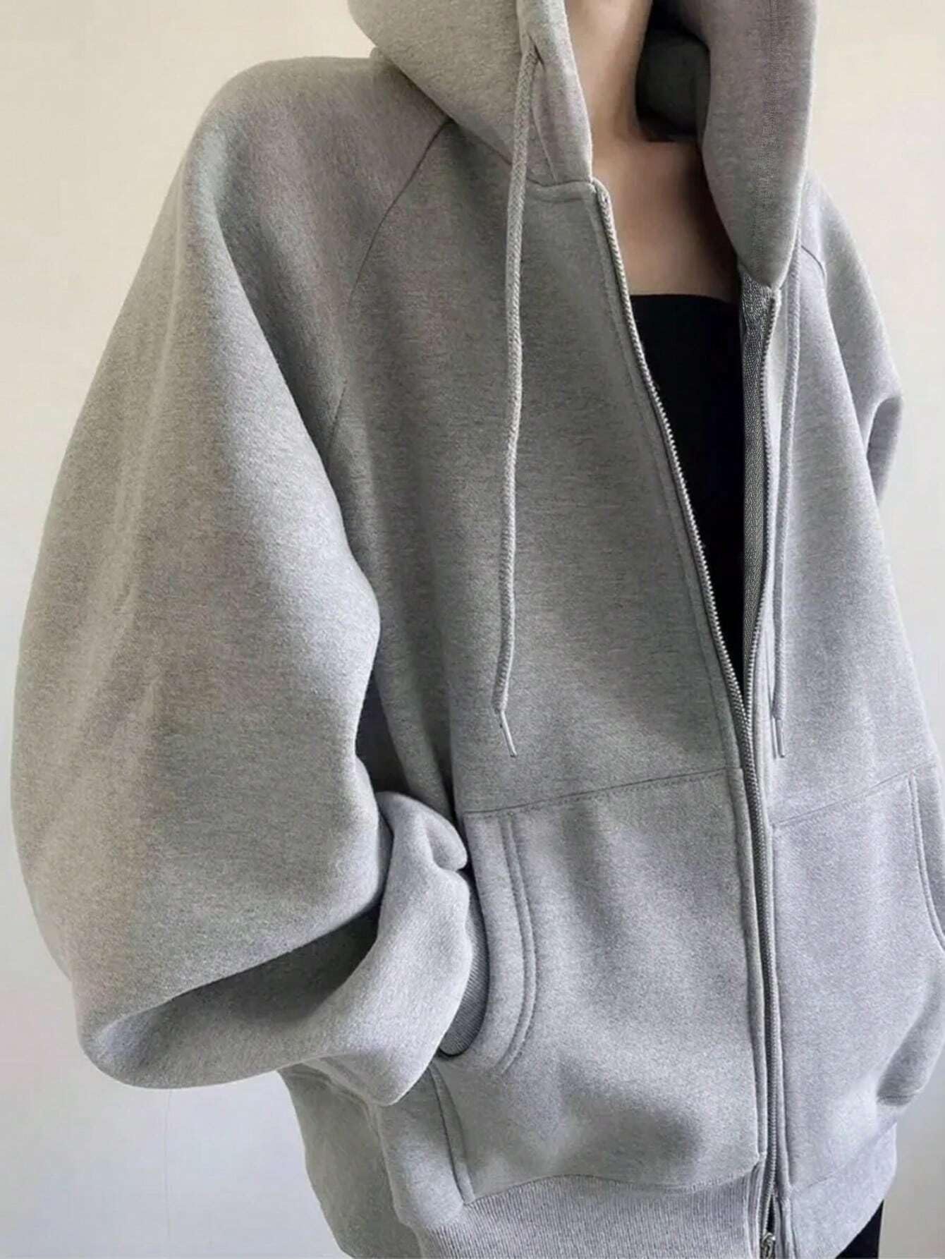 SXV STYLE Casual Zip-Up Hoodie, Oversized Fit, Light Grey, Front Pockets