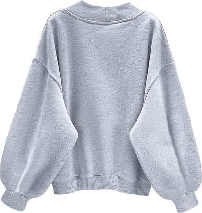 SXV V neck Letter Graphic Drop Shoulder Grey Baggy Oversized Sweatshirt