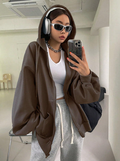 SXV STYLE Casual Zip-Up Hoodie, Oversized Fit, Light Grey, Front Pockets