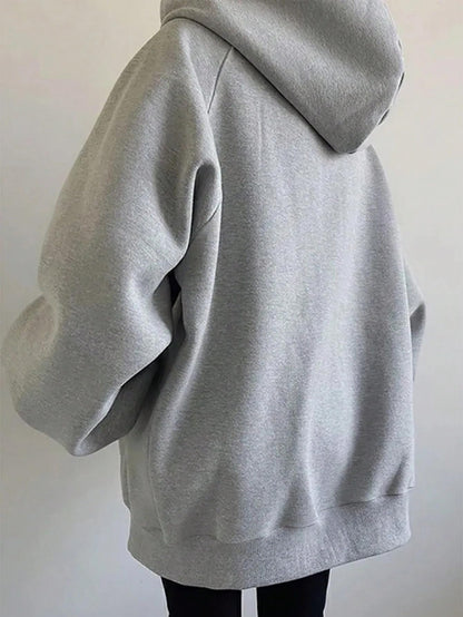 SXV STYLE Casual Zip-Up Hoodie, Oversized Fit, Light Grey, Front Pockets