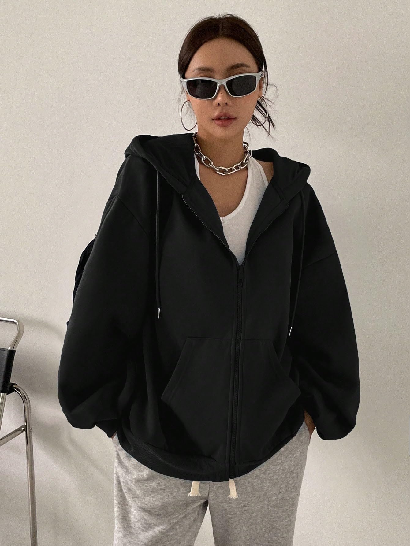 SXV STYLE Casual Zip-Up Hoodie, Oversized Fit, Light Grey, Front Pockets