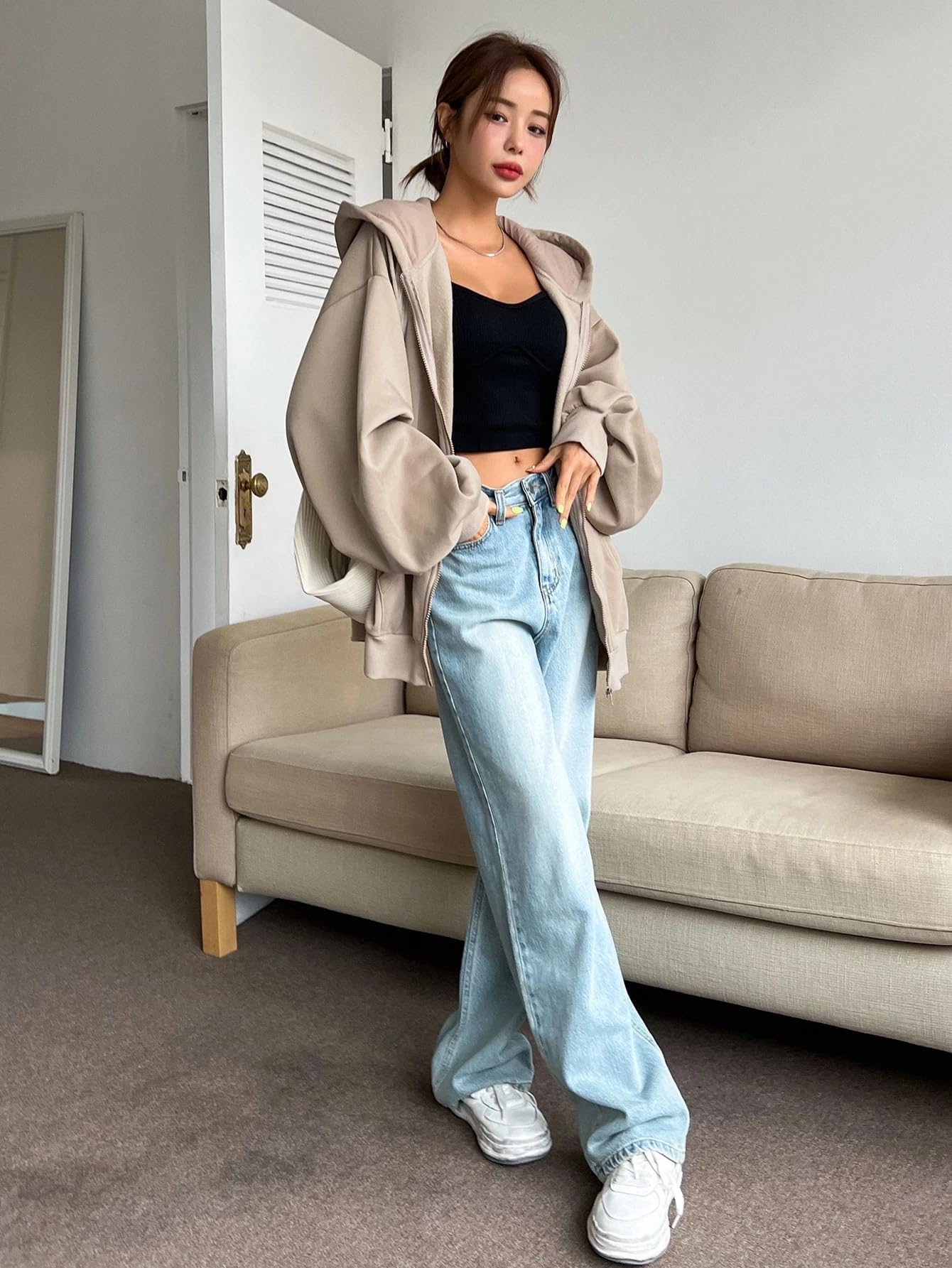 SXV STYLE Casual Zip-Up Hoodie, Oversized Fit, Light Grey, Front Pockets