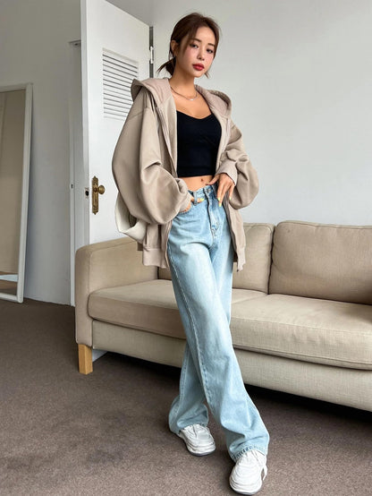 SXV STYLE Casual Zip-Up Hoodie, Oversized Fit, Light Grey, Front Pockets