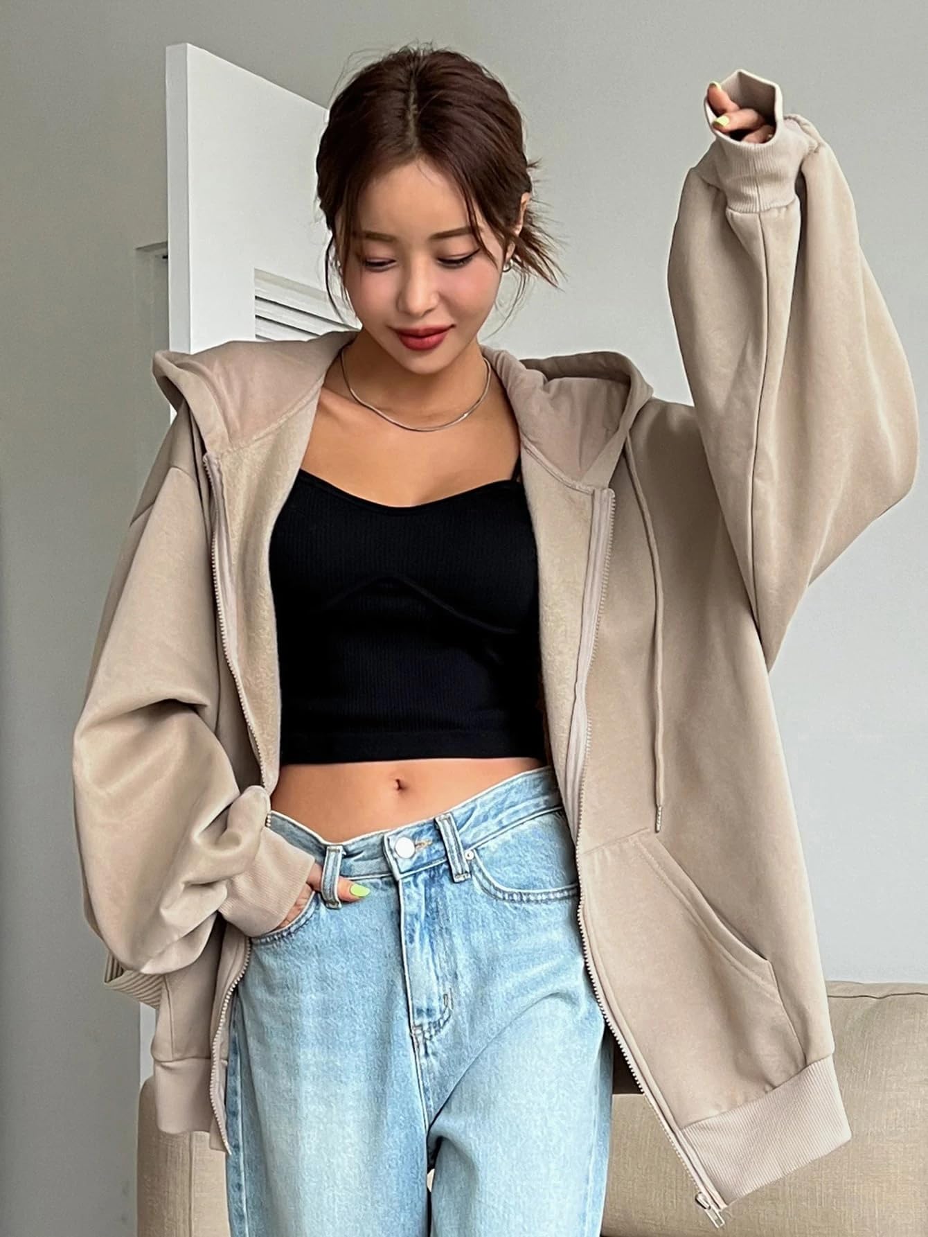 SXV STYLE Casual Zip-Up Hoodie, Oversized Fit, Light Grey, Front Pockets