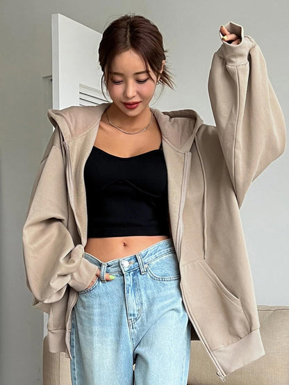 SXV STYLE Casual Zip-Up Hoodie, Oversized Fit, Light Grey, Front Pockets