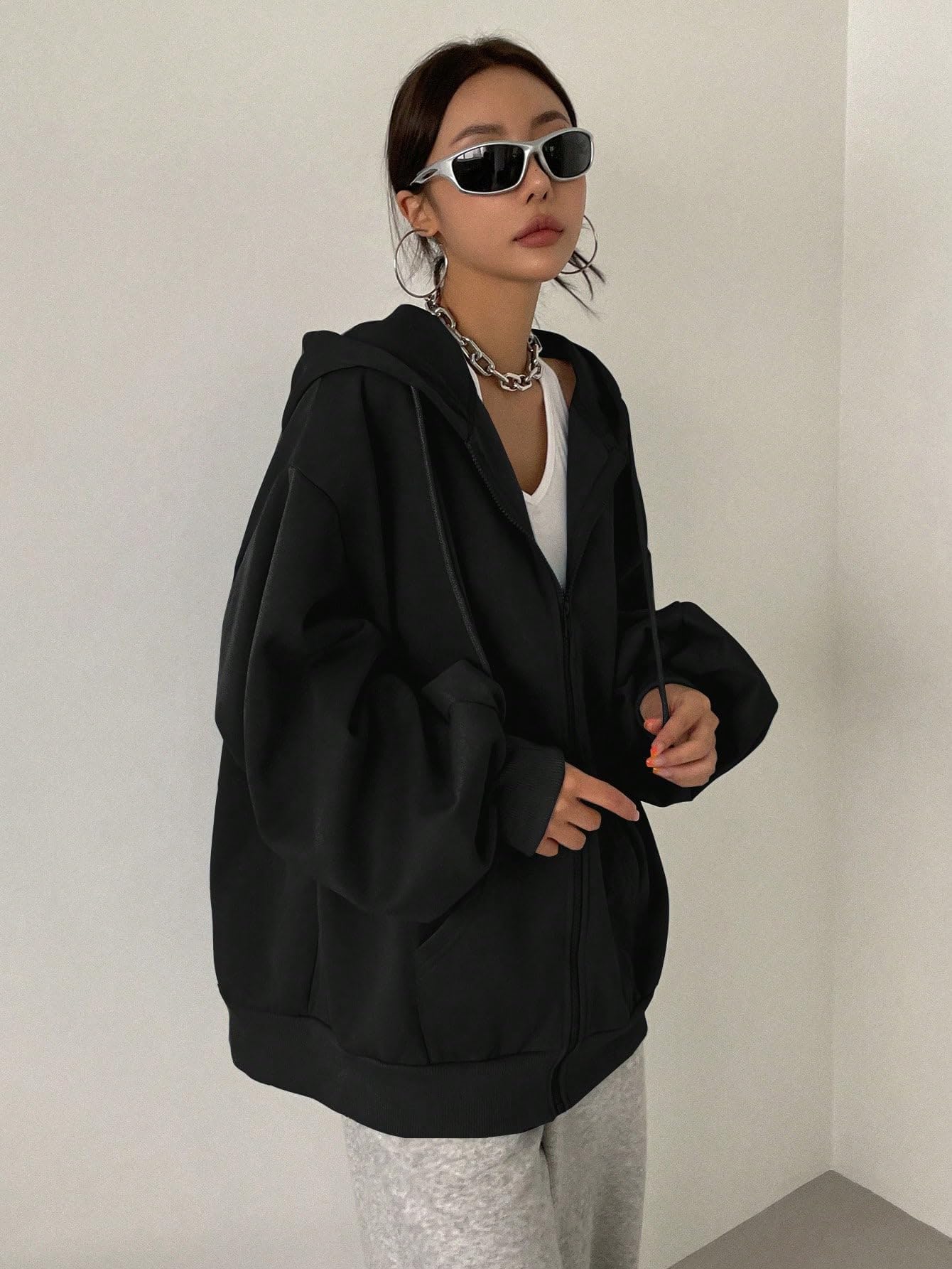 SXV STYLE Casual Zip-Up Hoodie, Oversized Fit, Light Grey, Front Pockets