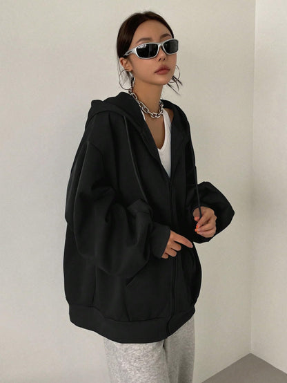 SXV STYLE Casual Zip-Up Hoodie, Oversized Fit, Light Grey, Front Pockets