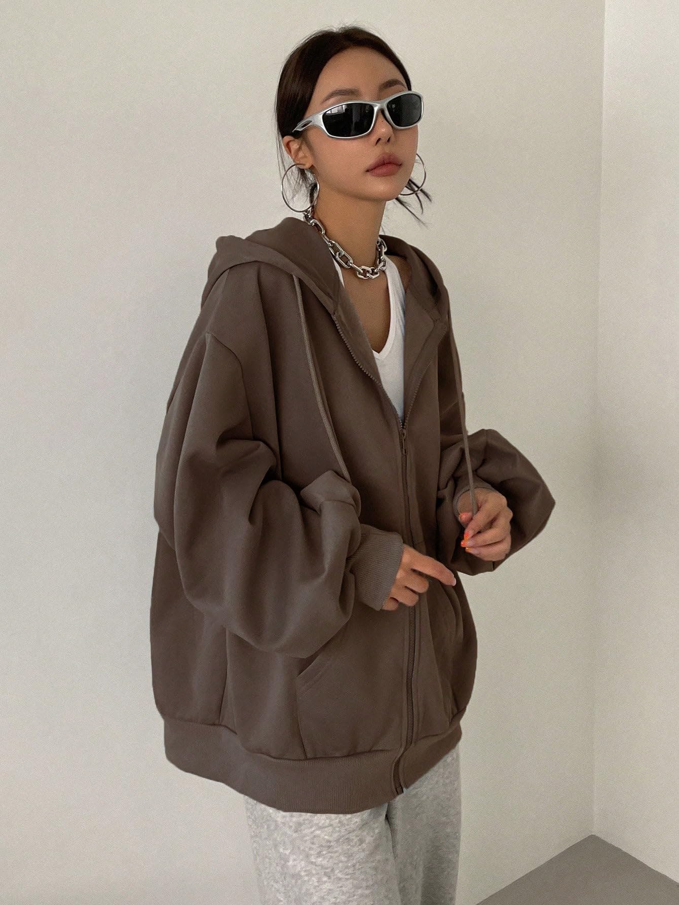 SXV STYLE Casual Zip-Up Hoodie, Oversized Fit, Light Grey, Front Pockets