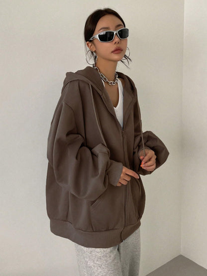 SXV STYLE Casual Zip-Up Hoodie, Oversized Fit, Light Grey, Front Pockets