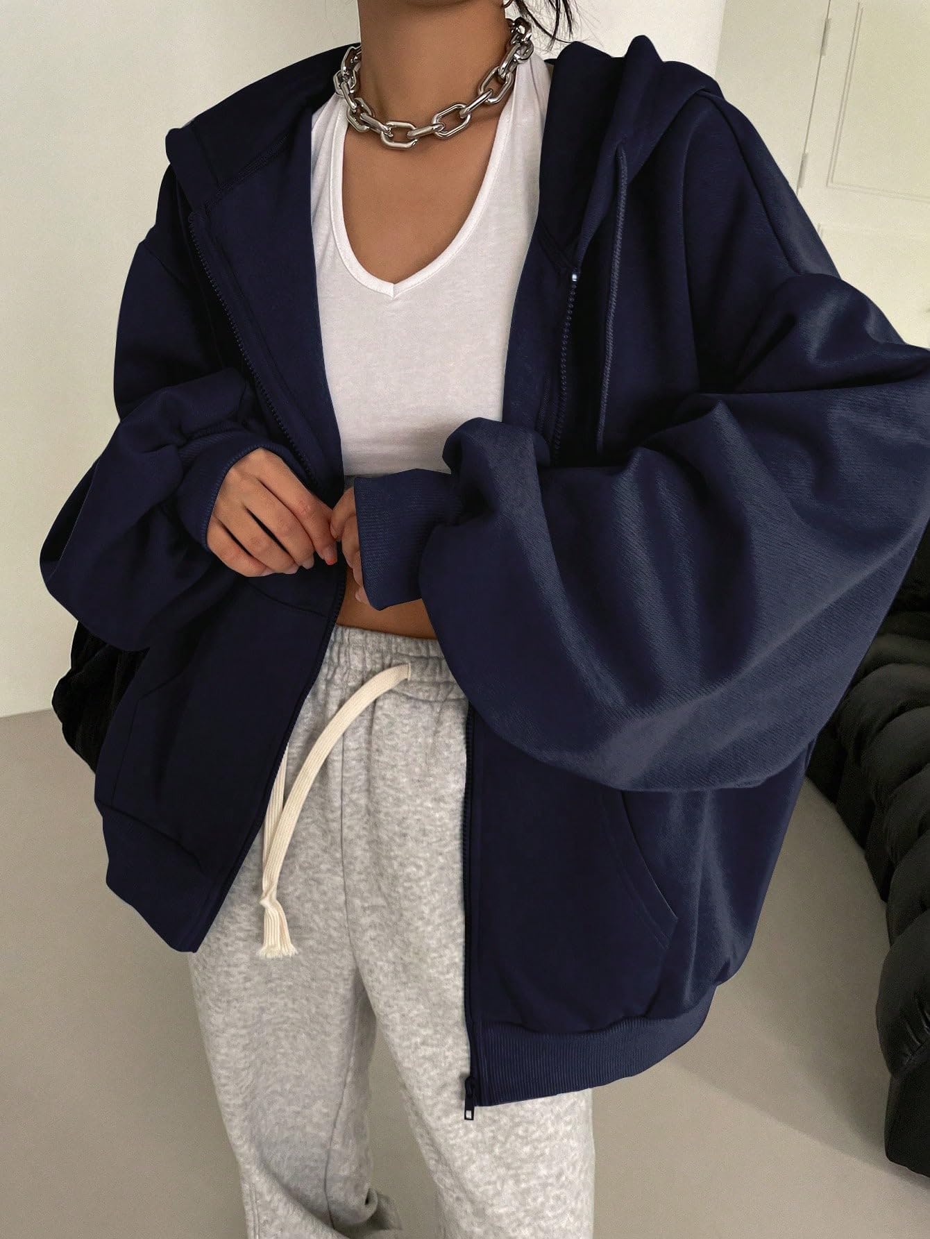 SXV STYLE Casual Zip-Up Hoodie, Oversized Fit, Light Grey, Front Pockets