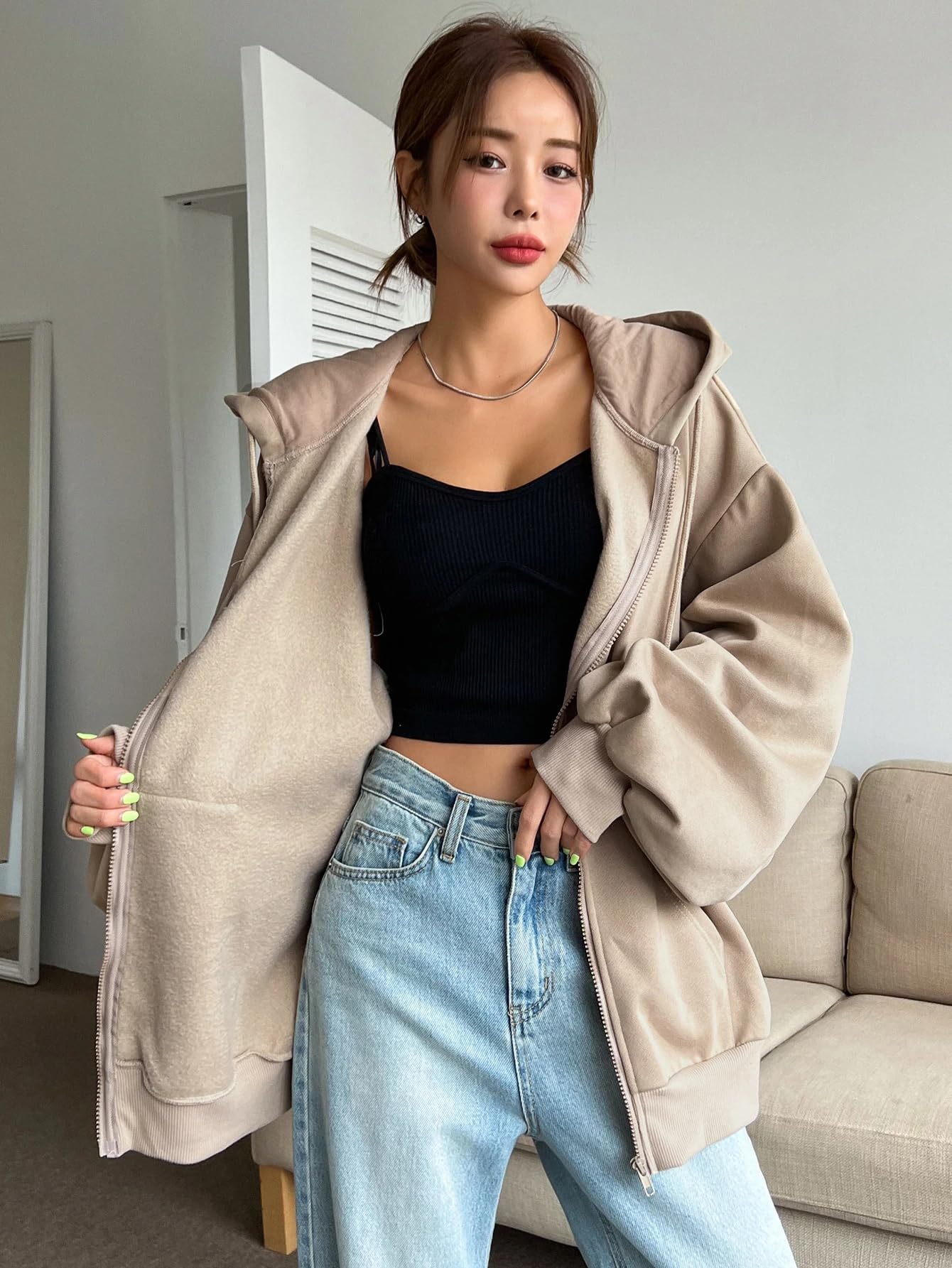 SXV STYLE Casual Zip-Up Hoodie, Oversized Fit, Light Grey, Front Pockets