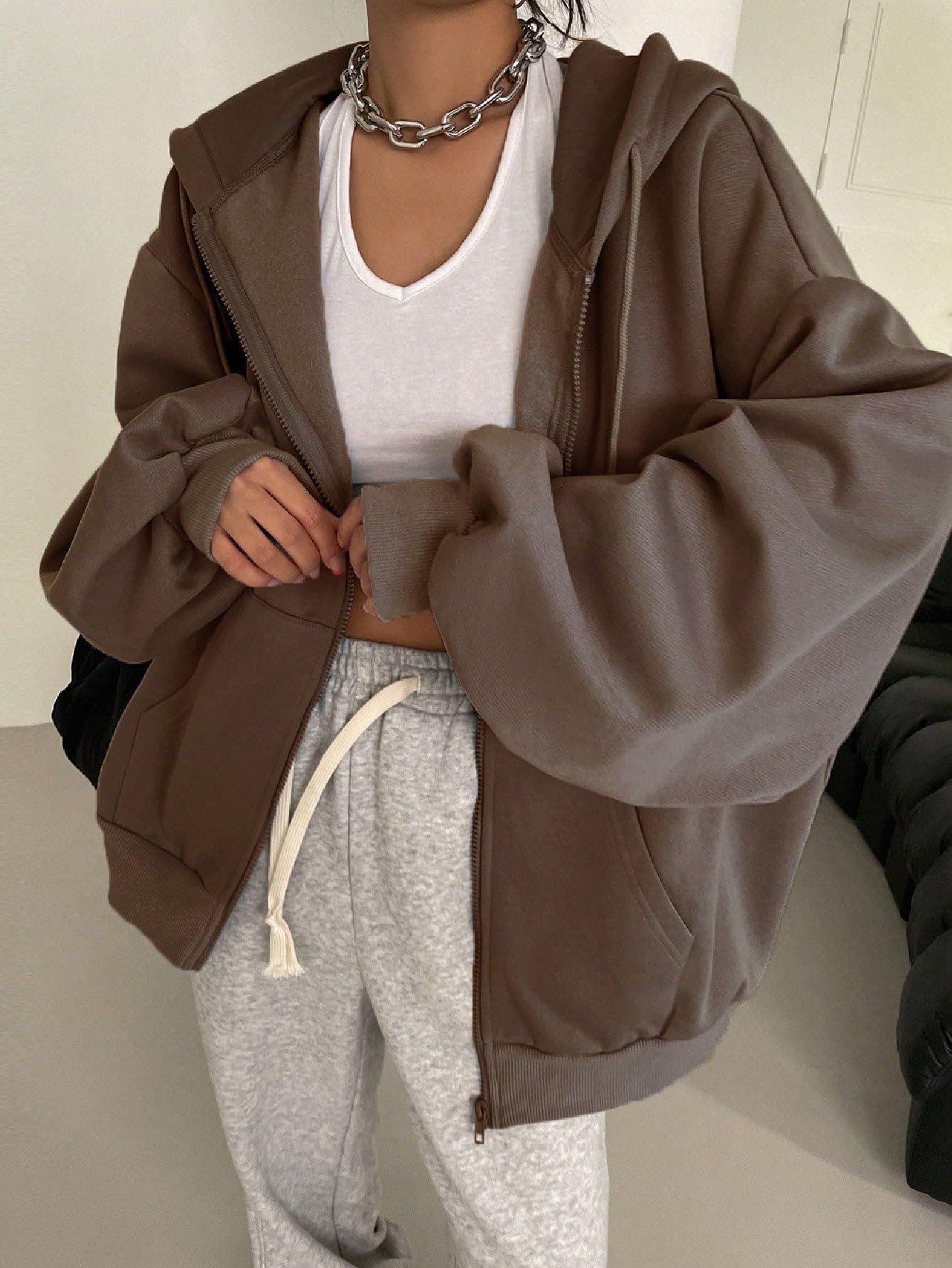 SXV STYLE Casual Zip-Up Hoodie, Oversized Fit, Light Grey, Front Pockets