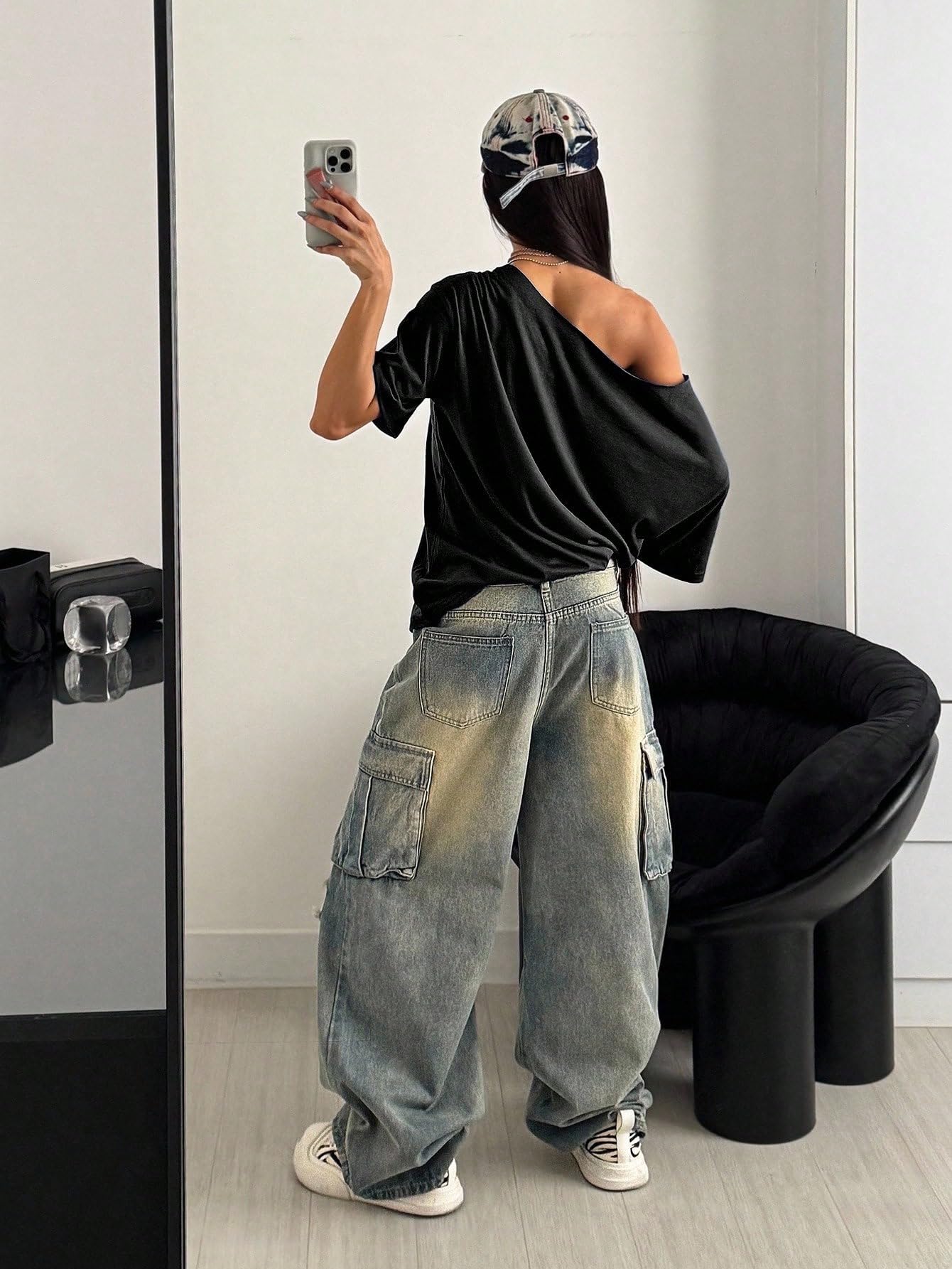 SXV STYLE Women Cowboy Style Loose Fit Slouch Shoulder T-Shirt, Black