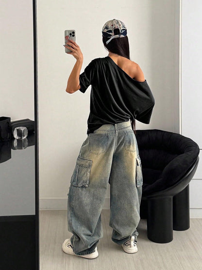 SXV STYLE Women Cowboy Style Loose Fit Slouch Shoulder T-Shirt, Black