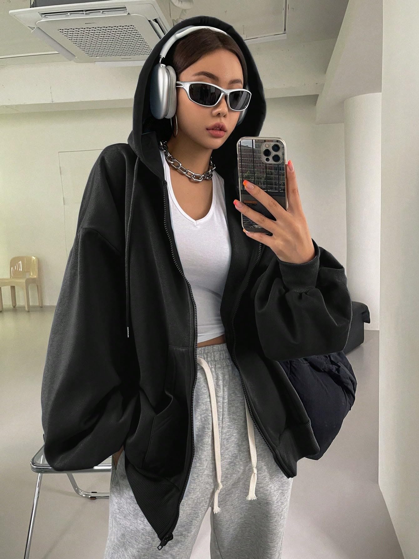 SXV STYLE Casual Zip-Up Hoodie, Oversized Fit, Light Grey, Front Pockets