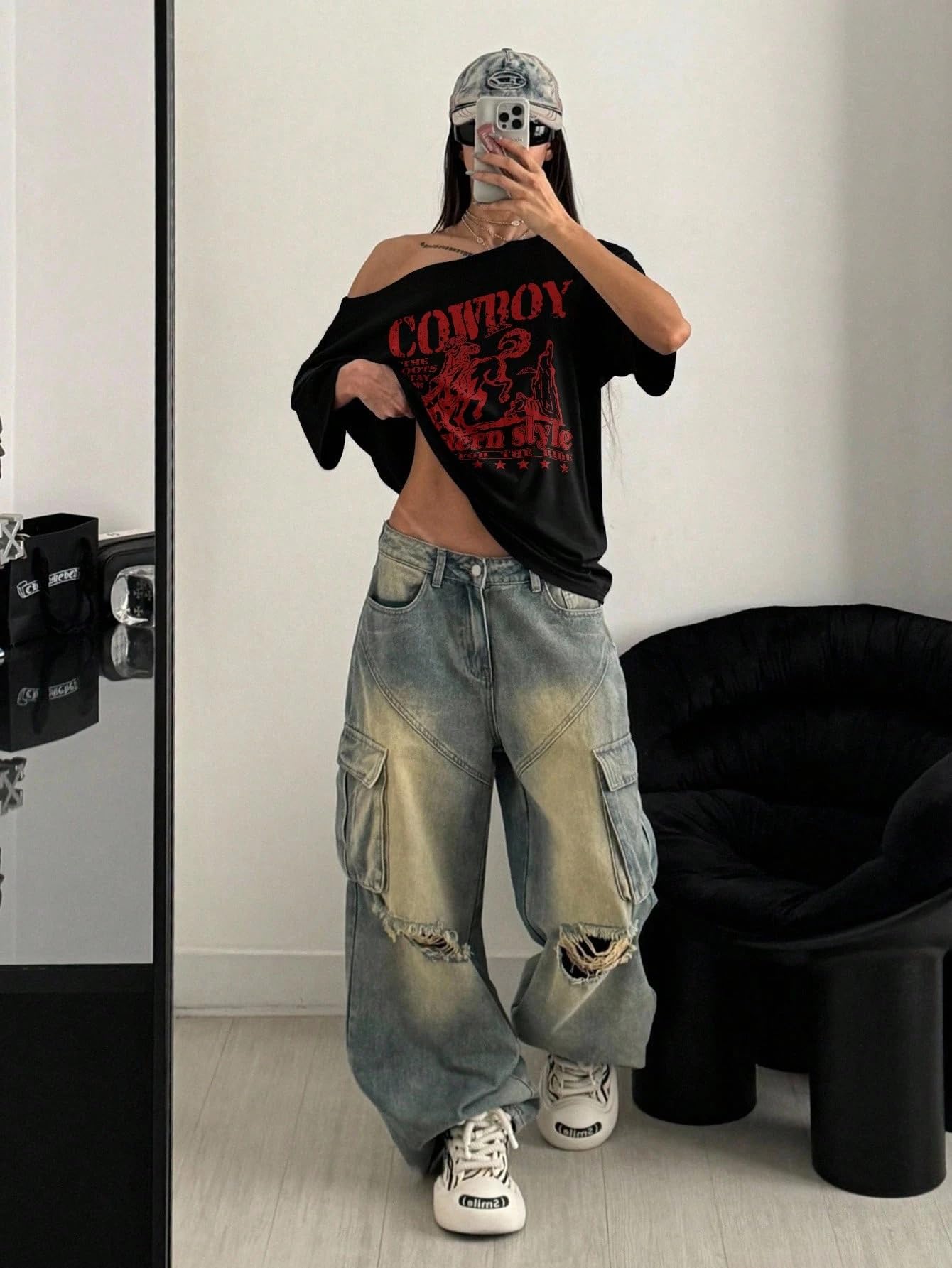 SXV STYLE Women Cowboy Style Loose Fit Slouch Shoulder T-Shirt, Black