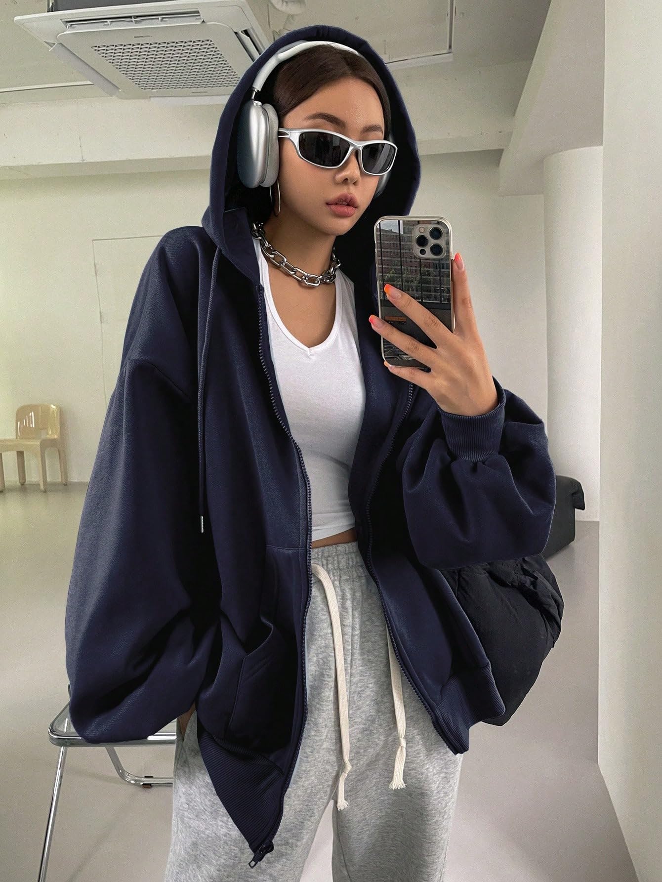 SXV STYLE Casual Zip-Up Hoodie, Oversized Fit, Light Grey, Front Pockets