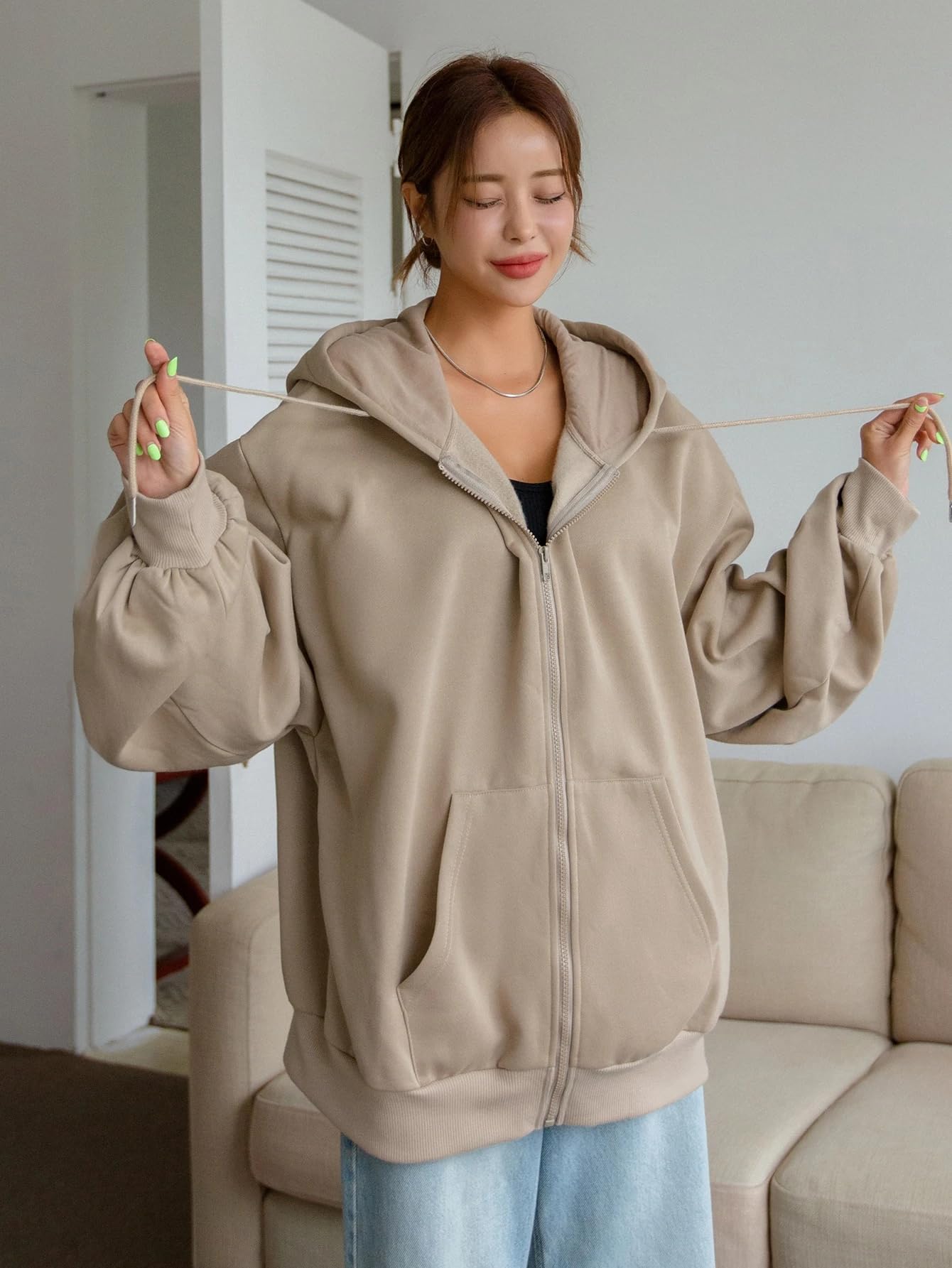 SXV STYLE Casual Zip-Up Hoodie, Oversized Fit, Light Grey, Front Pockets