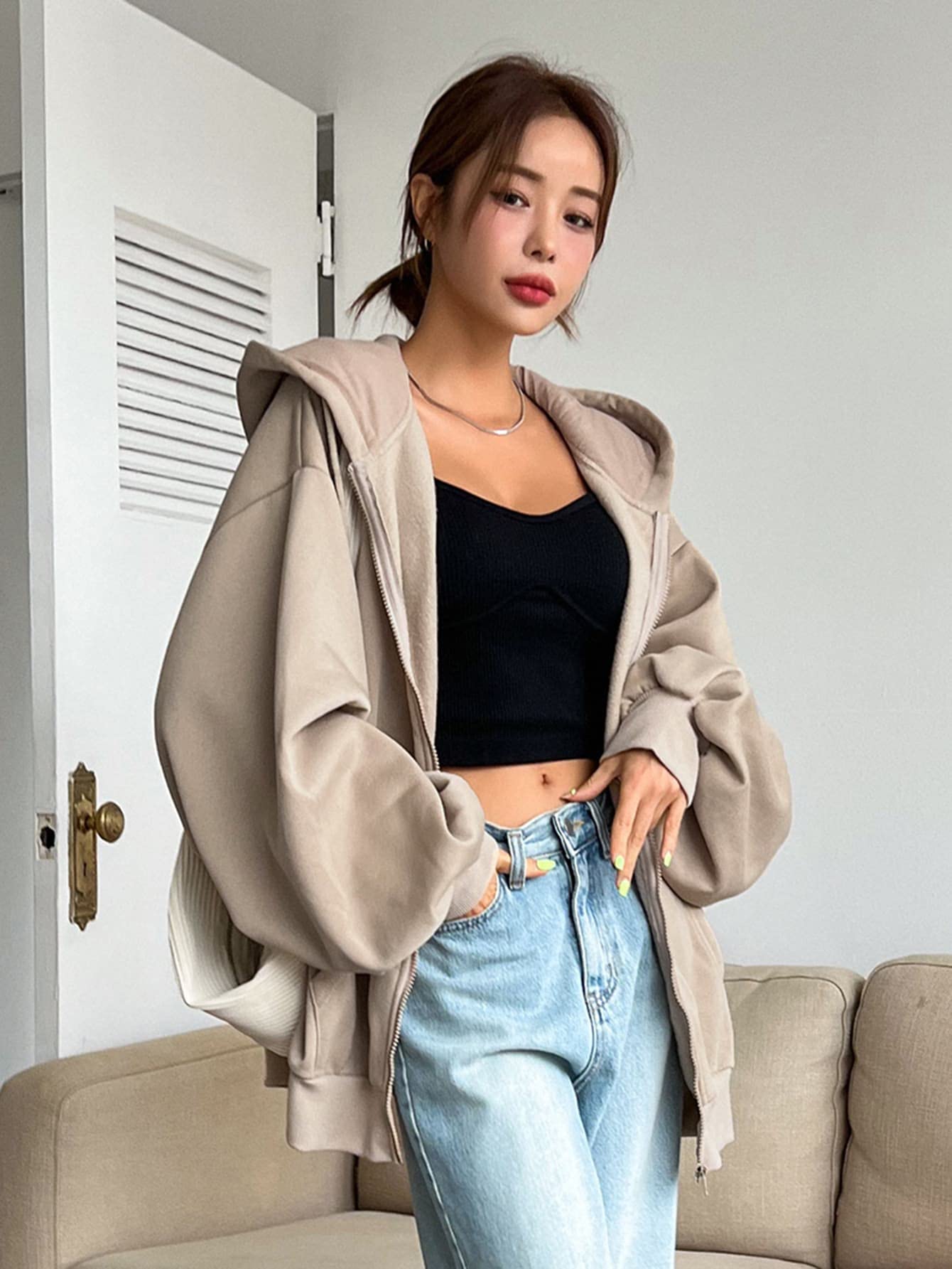 SXV STYLE Casual Zip-Up Hoodie, Oversized Fit, Light Grey, Front Pockets