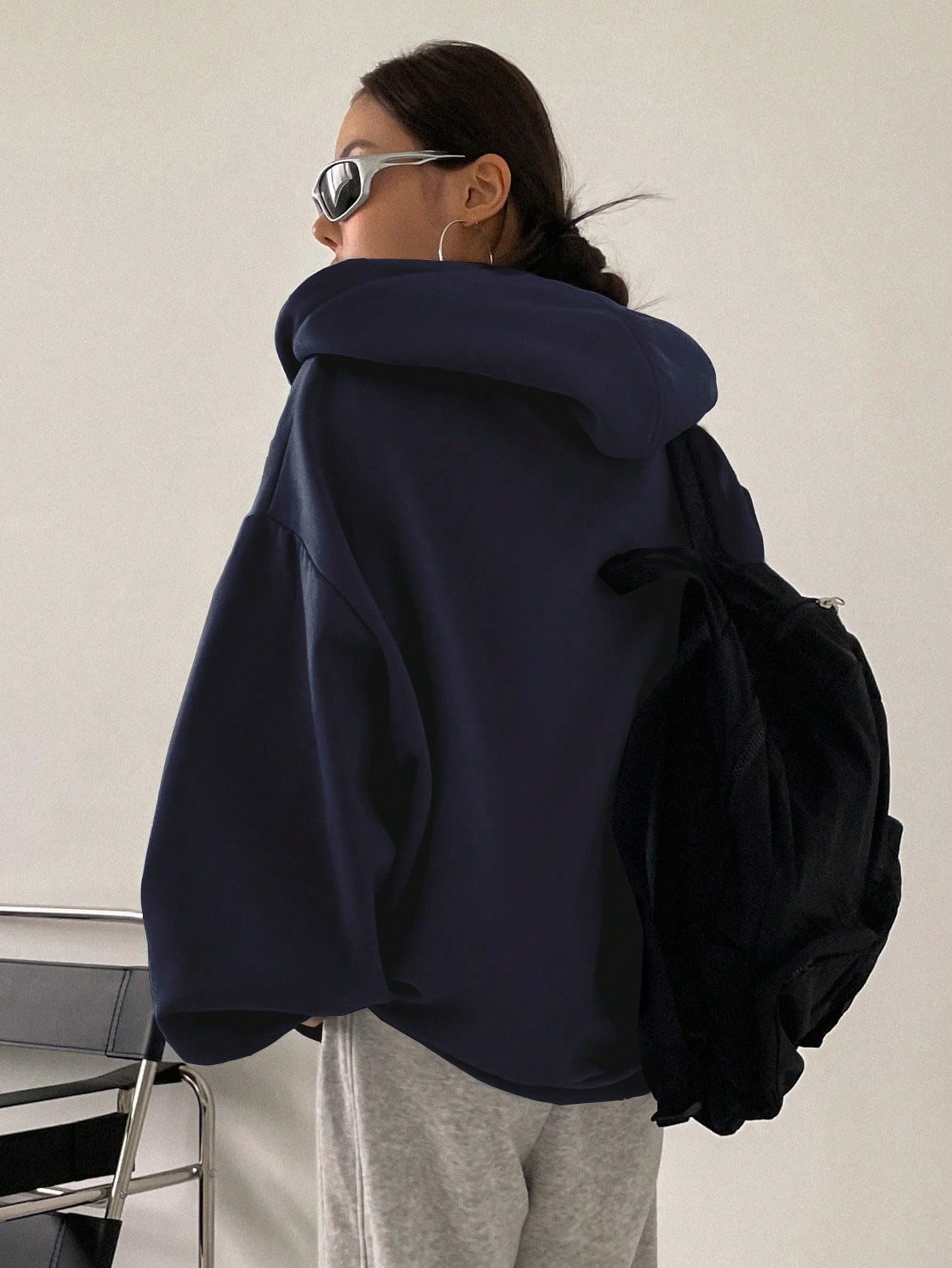 SXV STYLE Casual Zip-Up Hoodie, Oversized Fit, Light Grey, Front Pockets