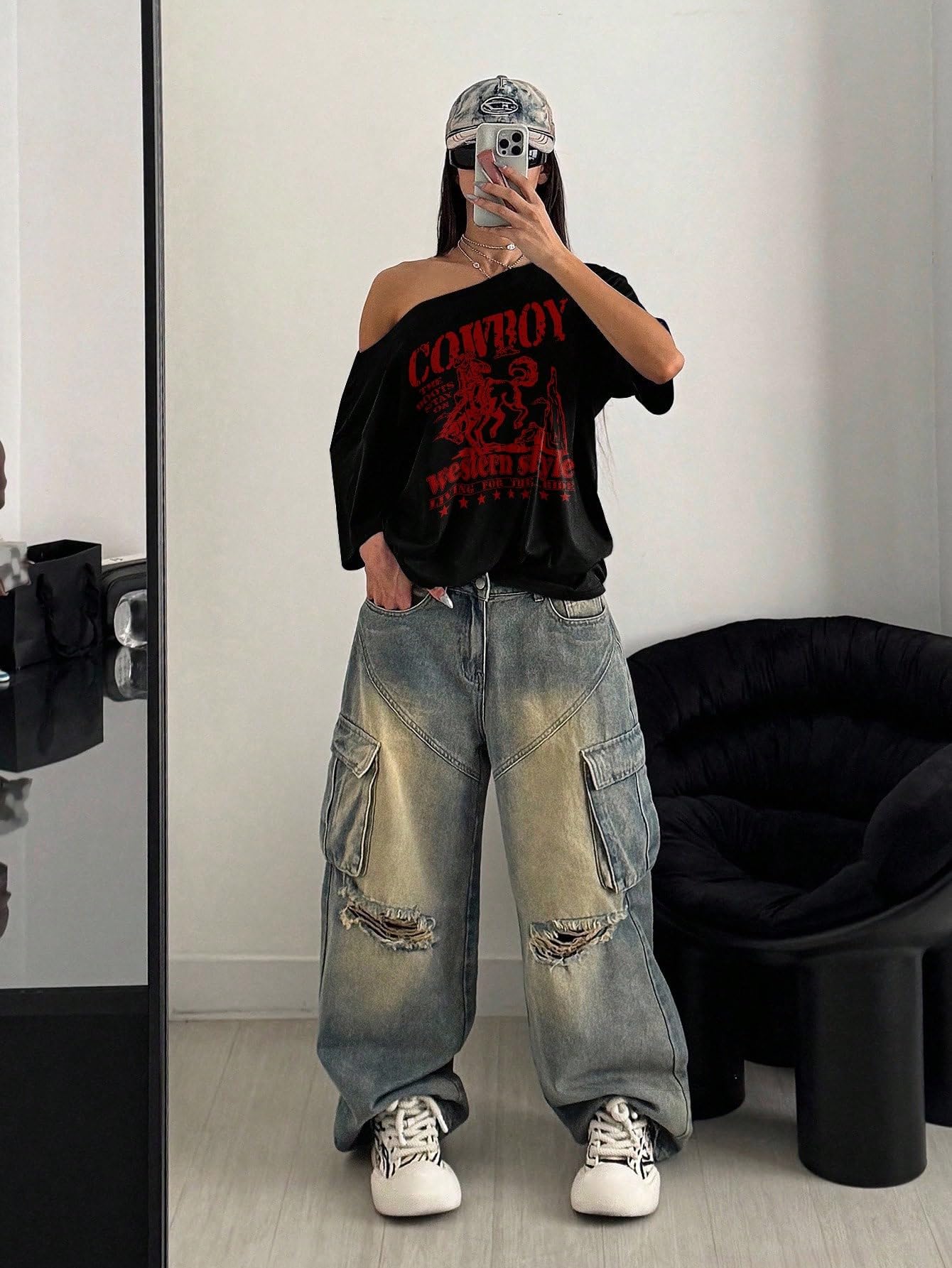 SXV STYLE Women Cowboy Style Loose Fit Slouch Shoulder T-Shirt, Black