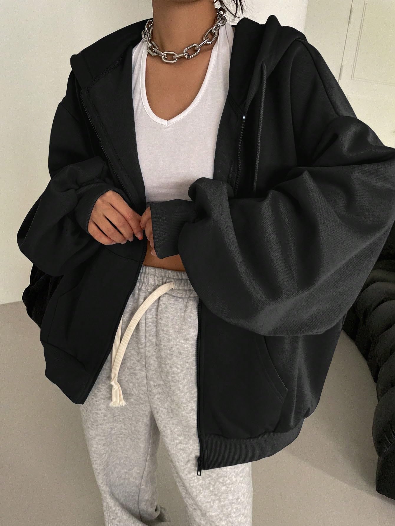 SXV STYLE Casual Zip-Up Hoodie, Oversized Fit, Light Grey, Front Pockets