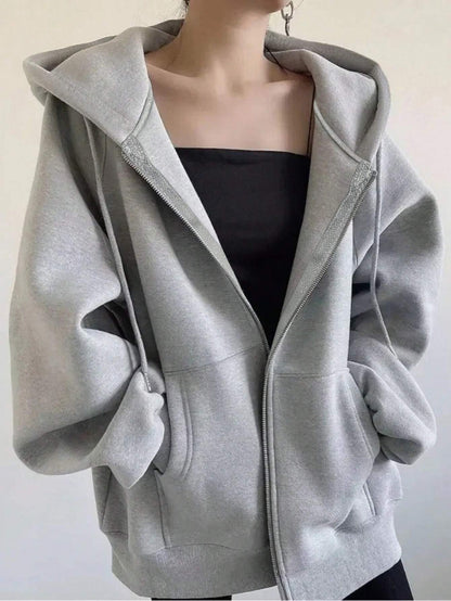 SXV STYLE Casual Zip-Up Hoodie, Oversized Fit, Light Grey, Front Pockets